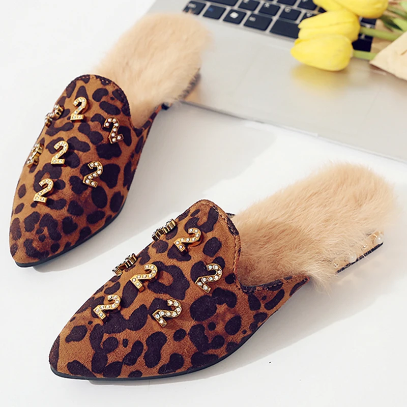 Moxxy Ladies Fashion Crystal Luxury Slippers Women Leopard Fur Mules