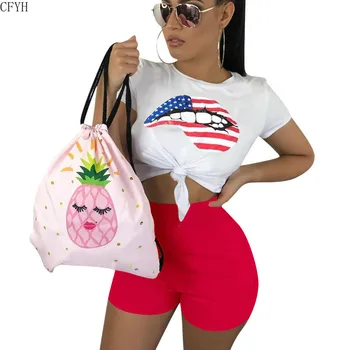

Women Cartoon Mouth Sexy Print O-Neck Short Sleeve T-shirt High Above Knee Length Pants Suit 2 Pieces Sports Tracksuit