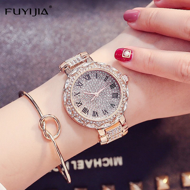 

New Women's Watch FUYIJIA Luxury Quartz Watch Ladies Diamond Band Bracelet Watch Roman Digital Scale Lady Dress Waterproof Watch