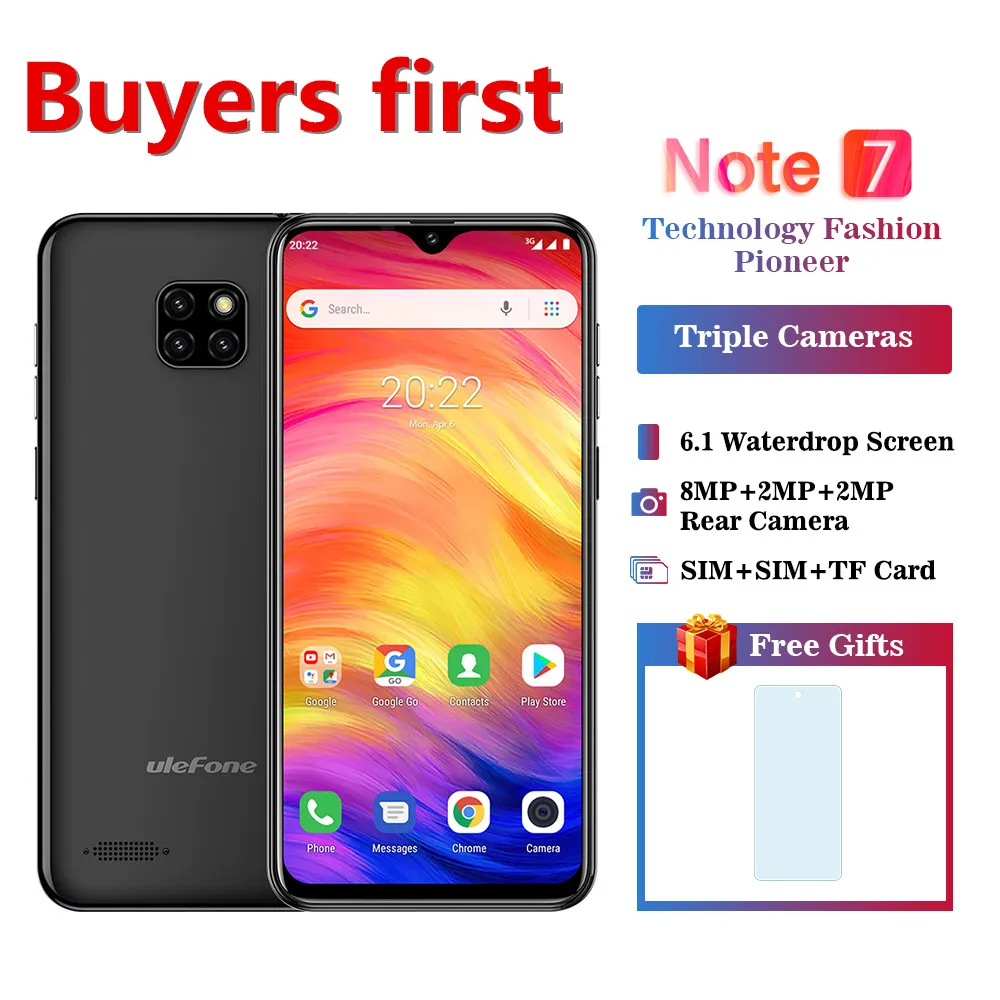 

Original Ulefone Note 7 3G Smartphone 3500mAh MTK6580 Quad Core 19:9 6.1"FHD Waterdrop Screen 1GB+16GB Mobile phone Android 8.1