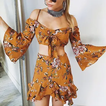 

Newly Summer Women Tops + Skirt Ruffle Floral Printed Spaghetti Strap Crop Top Girl Casual 2 Pieces Set DO99