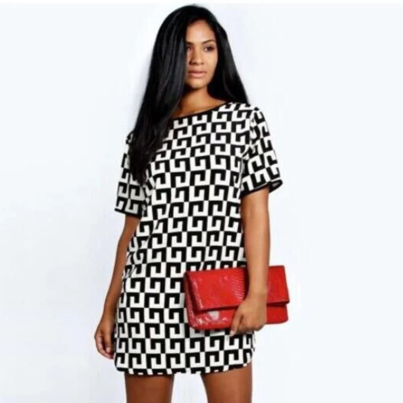 

2019 New Summer Women beach Dress Fashion Short Sleeve black white Geometric Print Chiffon dress mini A-line Dress Casual