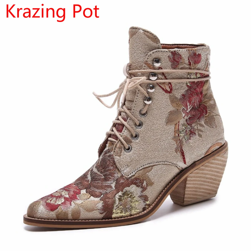 

2019 Fashion Embroidery Big Size Pointed Toe Lace Up Winter Boots High Heels Flower Fashion Wedding Party Women Ankle Boots L01