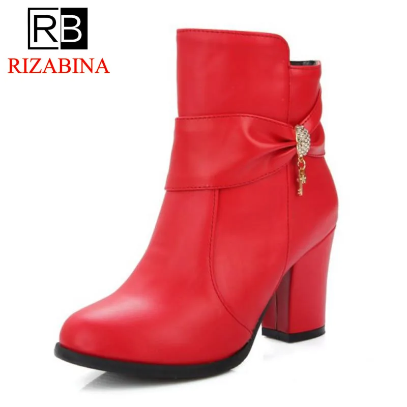 

RizaBina Size 34-48 Sexy Women High Heel Boots Bowtie Zipper Half Short Boots Warm Fur Shoes Winter Short Botas Women Footwears