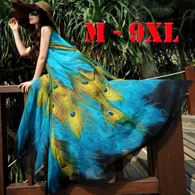 M-9XL Long Plus Size Beach Dresses For Vacation Print Peacock Bohemia Summer Dress Big Size Maxi Dress 9XL 8XL 7XL 6XL 5XL 1