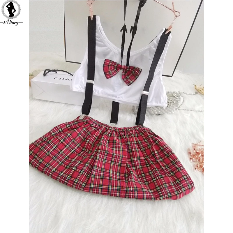 2018 New arrived SM cosplay student uniform sexy lingerie hot solid vest+England plaid mini skirt erotic Lingerie sexy costumes