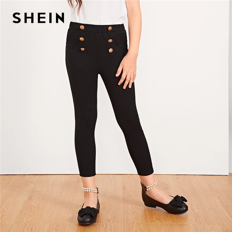 

SHEIN Kiddie Solid Elastic Waist Girls Pants Kids Clothing 2019 Spring Double Button Tapered Trousers Casual Leggings