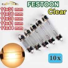 Flytop festão transparentes, 10 peças de festão de vidro transparente 31mm 36mm 39mm 41mm 44mm sv8.5 c5w cor amarela lâmpadas de luz 12v5w para carros