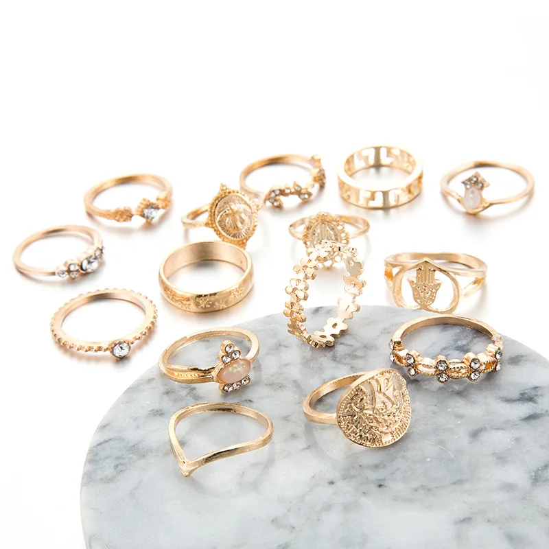 15 Pcs/set Boho Virgin Mary Snake Gold Color Rings Women Geometric Female Finger Rings Set Jewelry 5