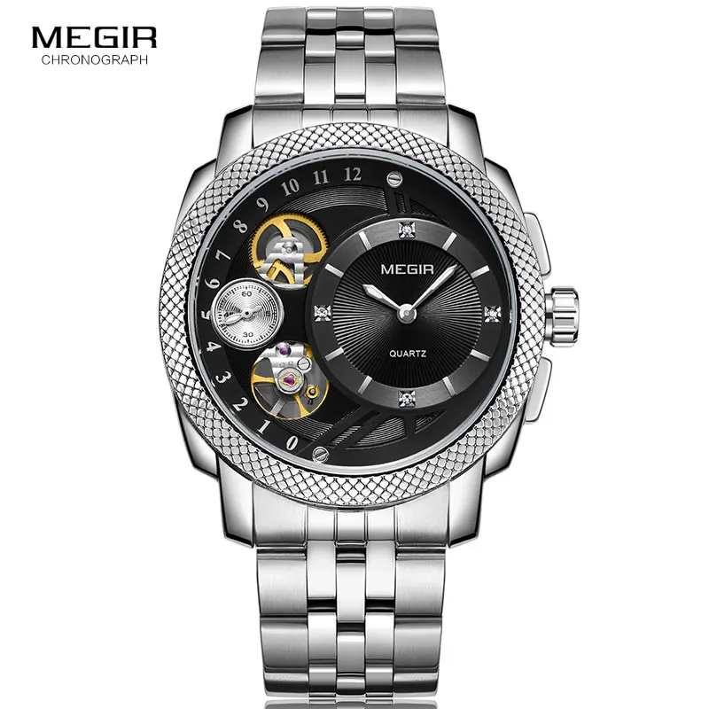 MEGIR мужские стальные кварцевые наручные часы модные водонепроницаемые часы Relojes Декоративные механические часы мужские 2091G-7 - Цвет: MS2091G-Silver-Black