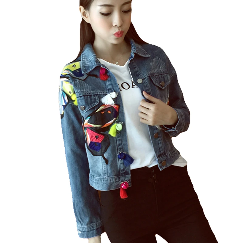 

Women Embroidery Denim Jacket Autumn Winter Jeans Coat Woman Butterfly Patchwork Outerwear Female Free Shipping Sexy Fashion New