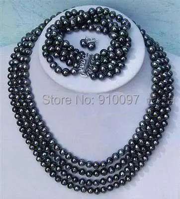 

LHX54013>>>>Noblest 4rows 6-7mm black pearl necklace bracelet earring sets