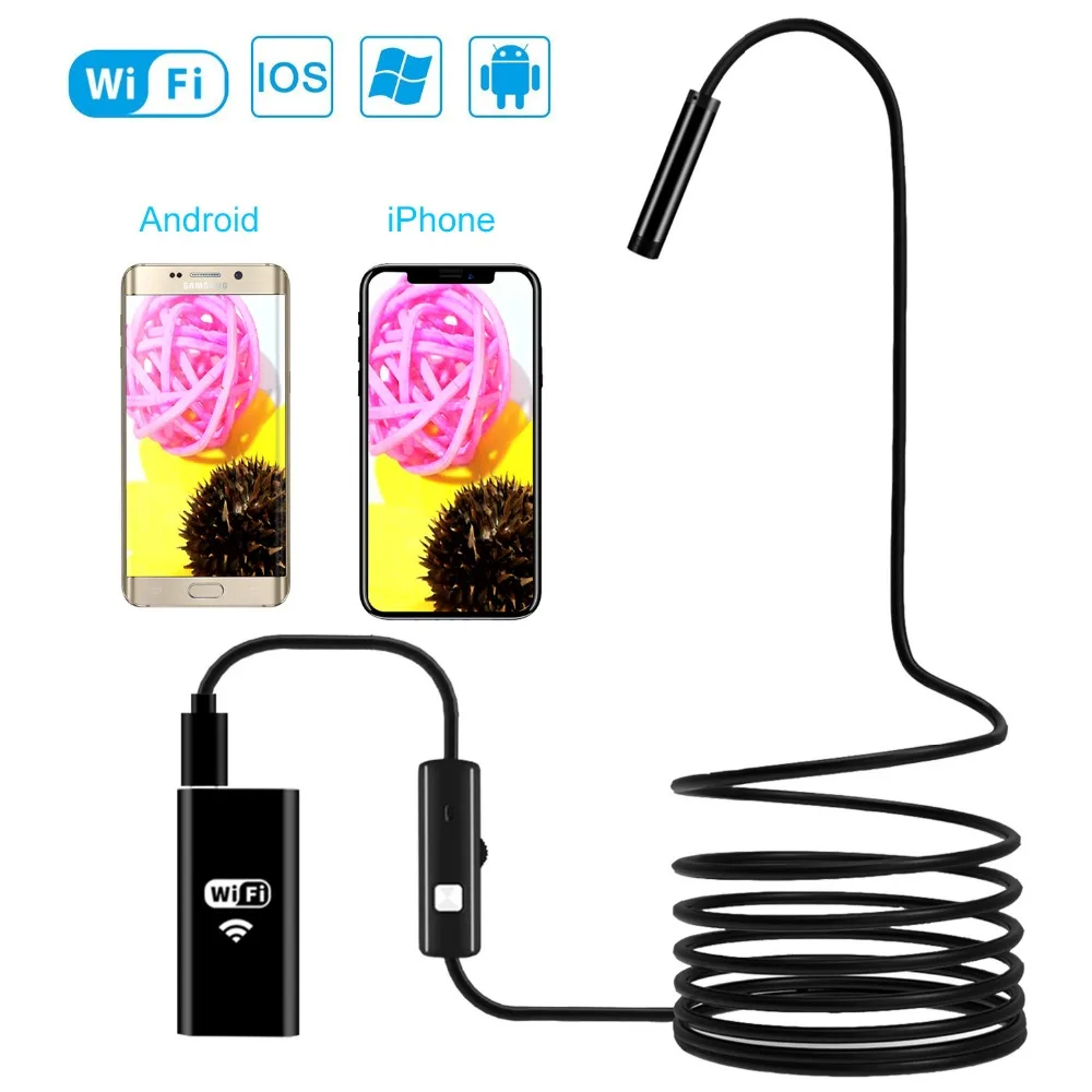 

6LED WIFI Endoscope Camera 8mm Lens 2MP 720P Snake USB Flexible Soft Wire Android IOS PC Inspection Endoscope Camera