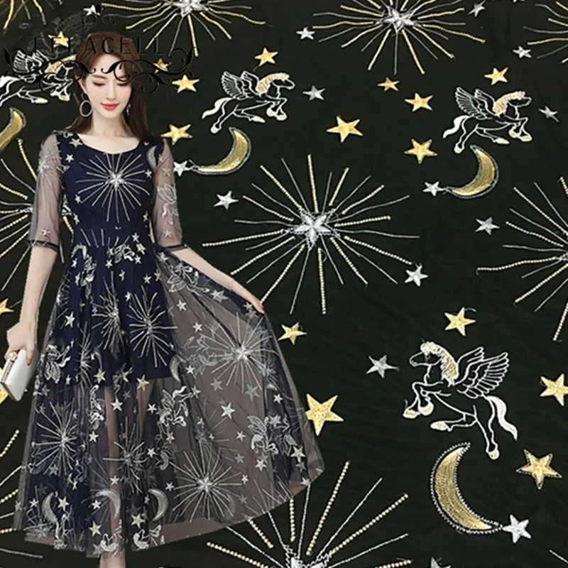 

FFLACELL 1 Meter Fancy African French net lace fabric with glitter star embroidery net lace fabric with star pattern