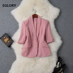 Высокое качество 2019 новые летние модные Блейзер Куртки Для женщин Зубчатый цепочка для ошейника Бисер одной кнопки розовый черный