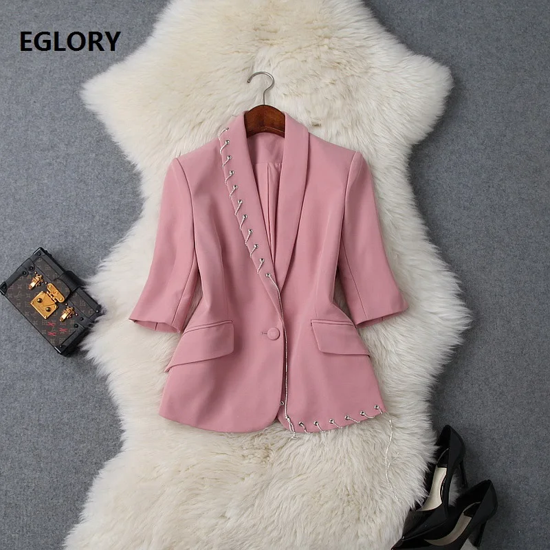 

High Quality New 2019 Summer Fashion Blazer Jackets Women Notched Collar Chain Beading Single Button Pink Black Blazer Coats