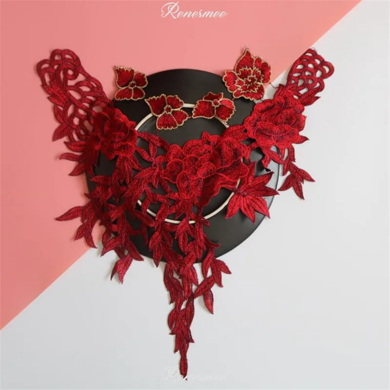 

1Pc Polyester Lace Applique Burgundy Flower Patches Embroidery Lace Trim Fabric Cloth Sewing Patchwork DIY Craft 33.5X42cm SX329