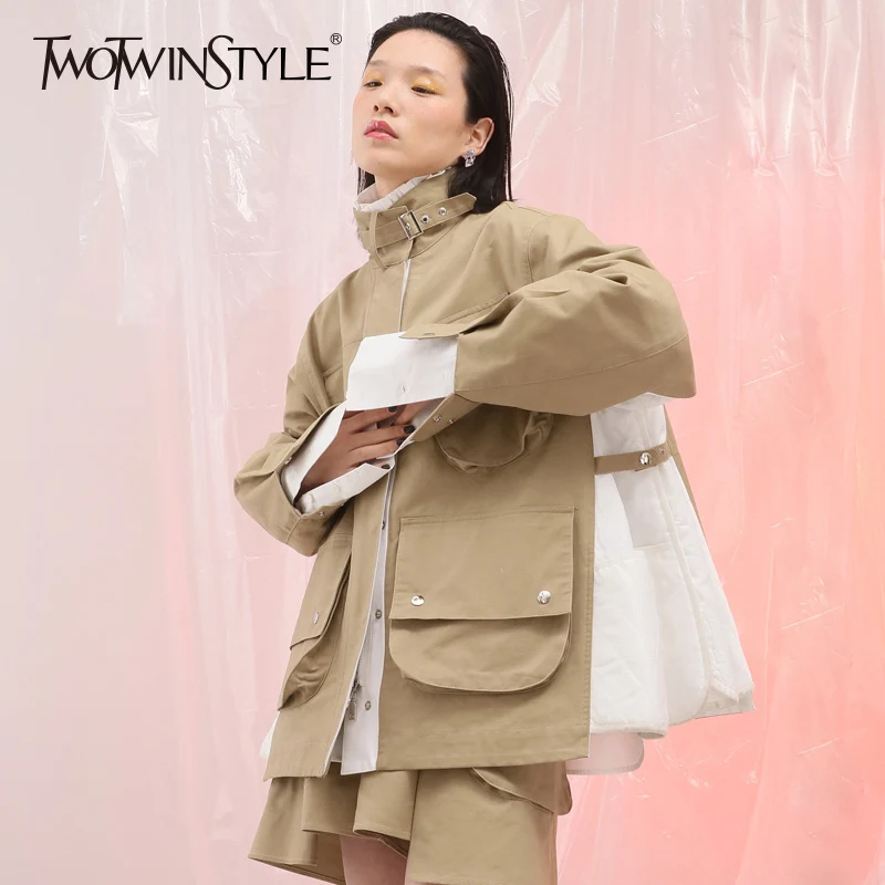 

TWOTWINSTYLE Oversize Jacket For Women Lapel Collar Long Sleeve Big Pocket Patchwork Khaki Coat Autumn 2019 Harajuku Clothing