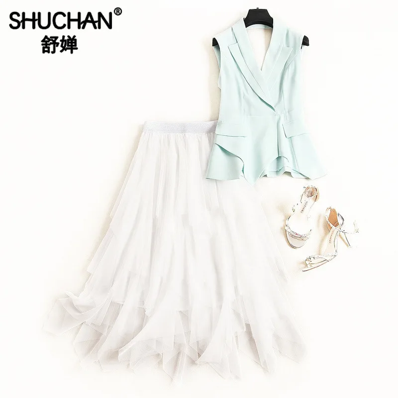 

Shuchan Office Lady Skirt Clothing Sets for Women 2019 Summer Two Piece Pants Set Women Tops with Sleeveless+mesh Skirts 51626