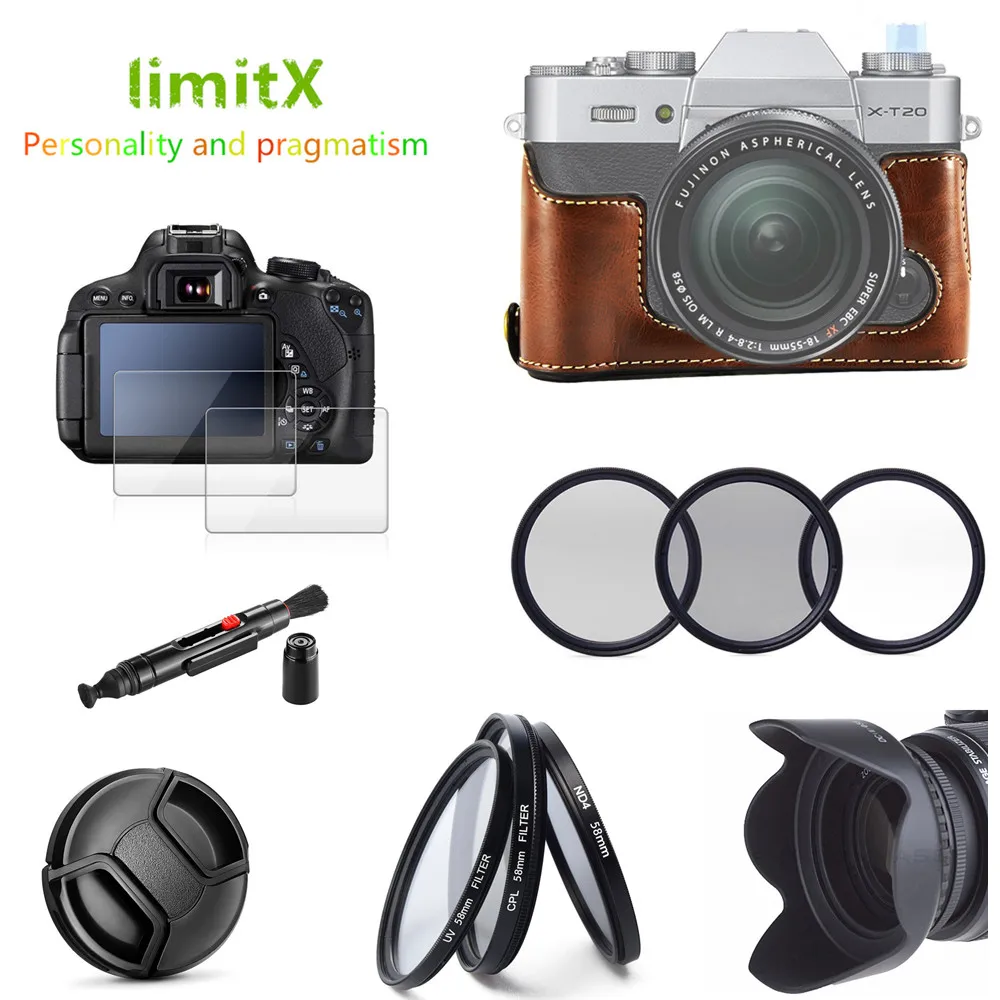 

Half Body Leather Case + Filter + Lens Hood + Glass LCD Protector for Fujifilm XT20 XT10 X-T20 X-T10 with 16-50mm lens camera
