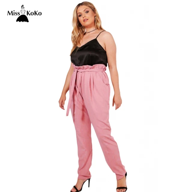 misskoko plus size solid pink women high waist pants ruffle lace up plus size high waisted pants