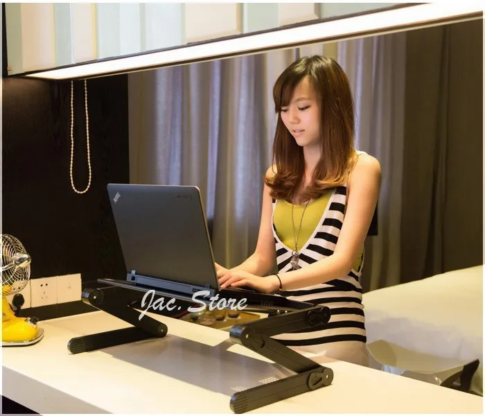 Light weight portable folding laptop table with adjusting height plastic joint three foldable legs each side full black color