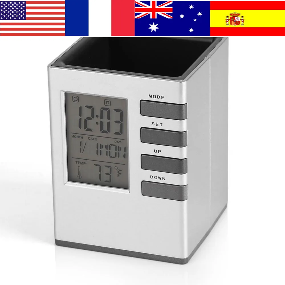 Multi function Desktop Alarm Clock LED Digital LCD Screen Pen Holder