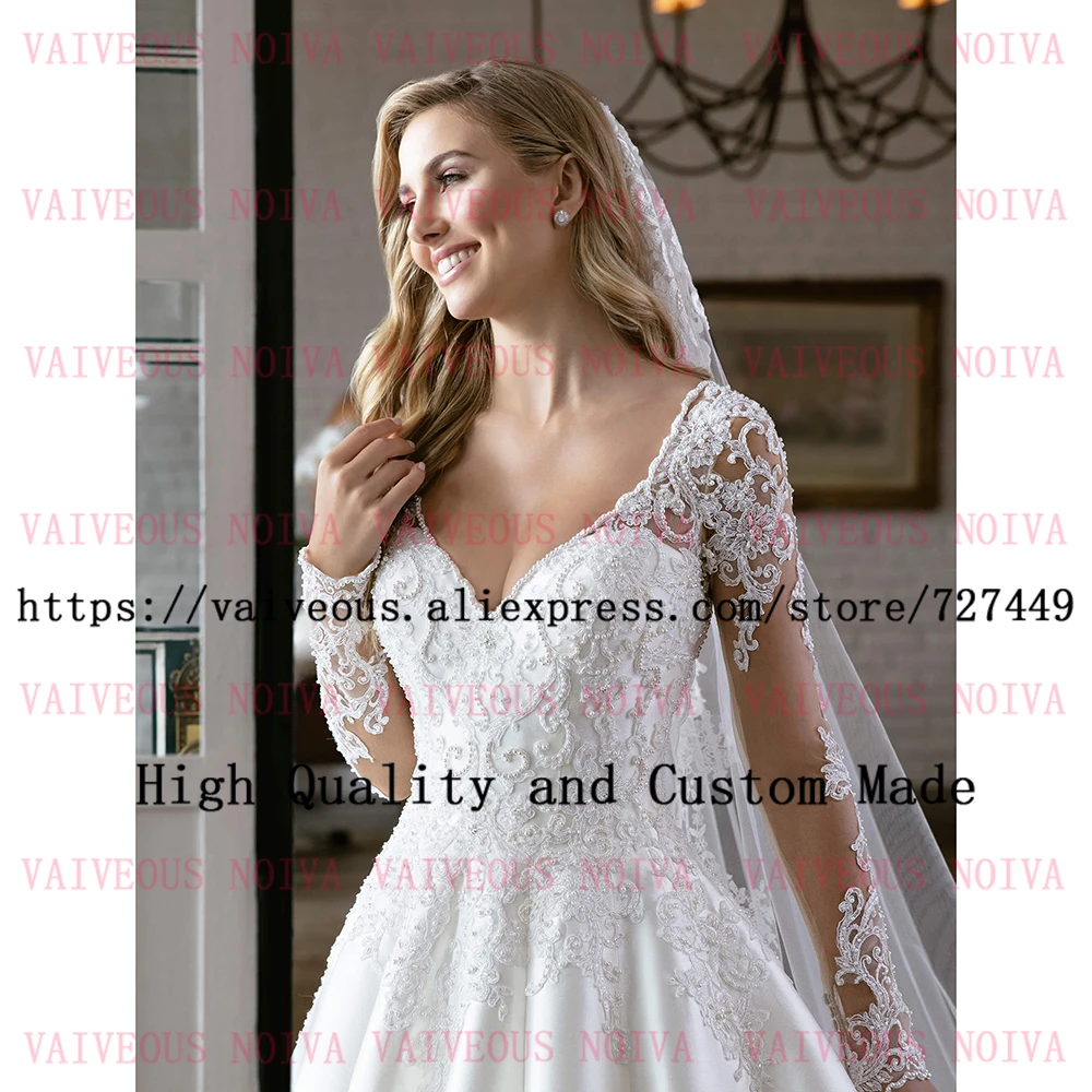 Vestido De Noiva роскошный жемчуг, аппликация, атласное платье свадебное платье с вырезом на спине Свадебные платья Длинные рукава Свадебное платье es Robe Mariage