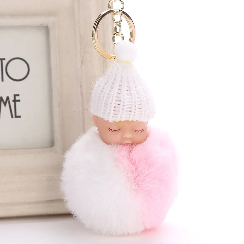 

Fashion Sleeping Baby Doll Keychain Pompom Rabbit Fur Ball Car Keyring Baby Toy Key Chain Women Key Holder Bag Pendant Jewelry