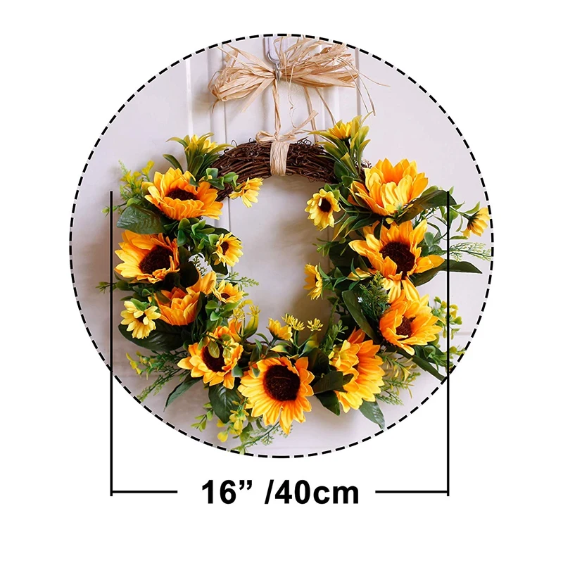 

16 Inch Sunflower Rustic Farmhouse Decorative Artificial Flower Wreath,Faux Floral Wreath for All Seasons Indoor Outdoor