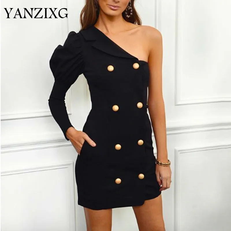 

2019 New Spring Summer Asymmetrical Neck One-shoulder Long Puff Sleeve Button Personality Dress Women Fashion Tide Q082