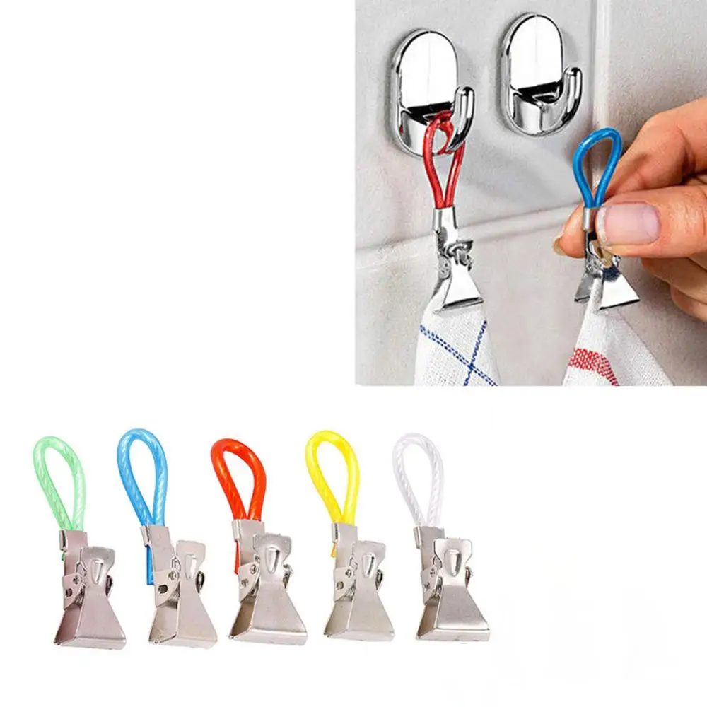 

5PCS Durable Tea Towel Hanging Clips Clip On Hook Loops Hand Towel Hangers Clothes Pegs Household Kitchen Bathroom Organizer BB4