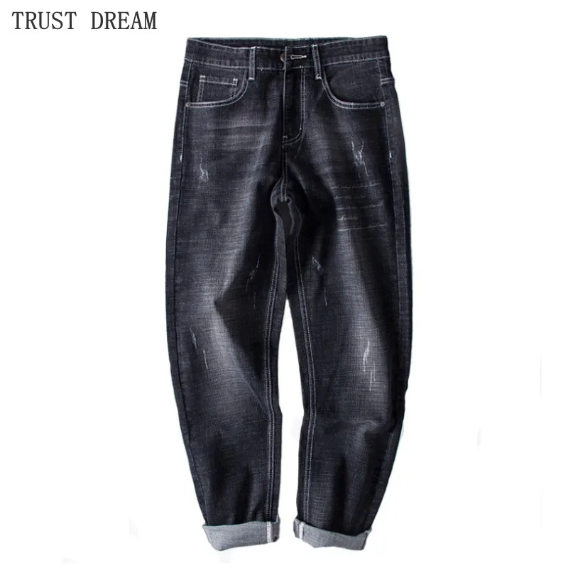 Discount Men's Stretch Straight Regular Pant Scratched Embroidery Black Jean Big Trousers Plus Size 30-46 Man Casual Fashion Fit Jeans