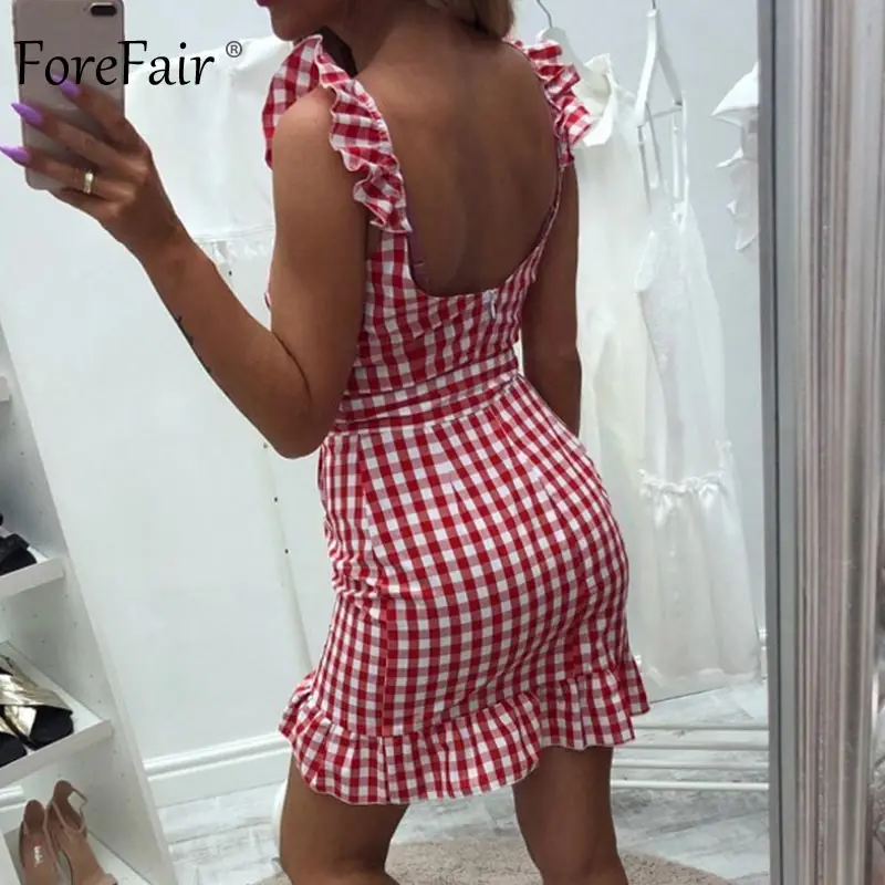 Forefair винтажное платье в клетку Летнее мини сексуальное облегающее с рюшами и
