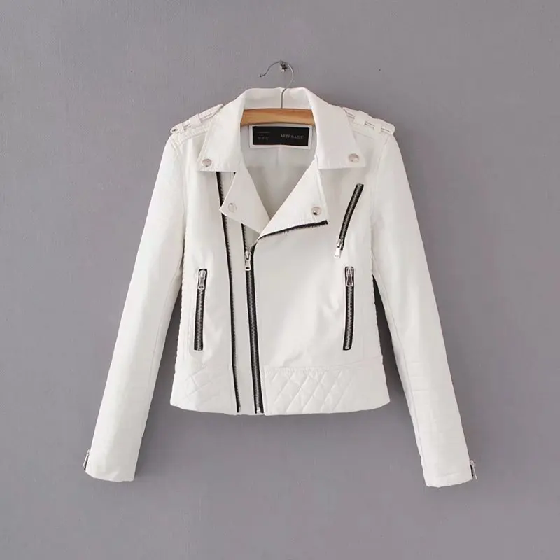

Women Leather Coats 2019 New Spring Autumn Slim Long Sleeve Black White Short Jacket Ladies Punk Zipper Moto Biker PU Jackets