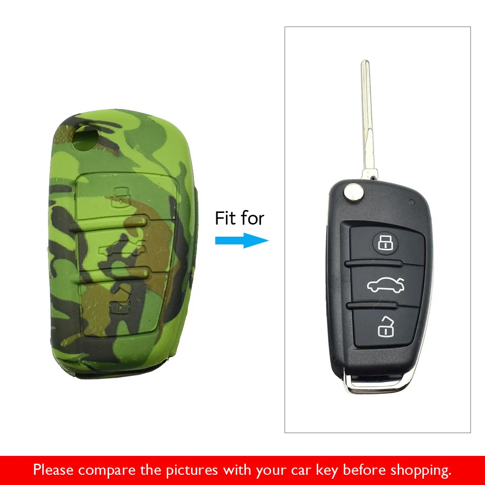 2 ATOBABI Car Key Case Camouflage Silicone 3 Button Flip Remote Shell Protect Cover Keychain for Audi A3 S3 A4 S4 RS4 A6 S6 RS6 Q7