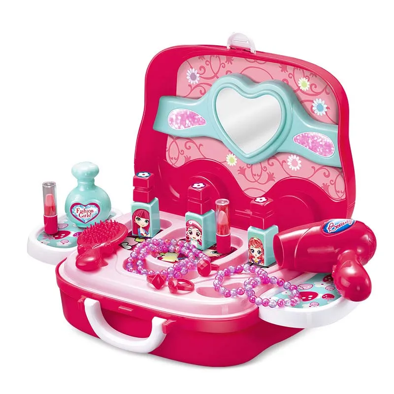 

Pretend toys in make up Toy Set Girl Plastic Miniature Hair Dryer Comb Necklace Bracelet Ring Pretend Play Children's Suitcase 4