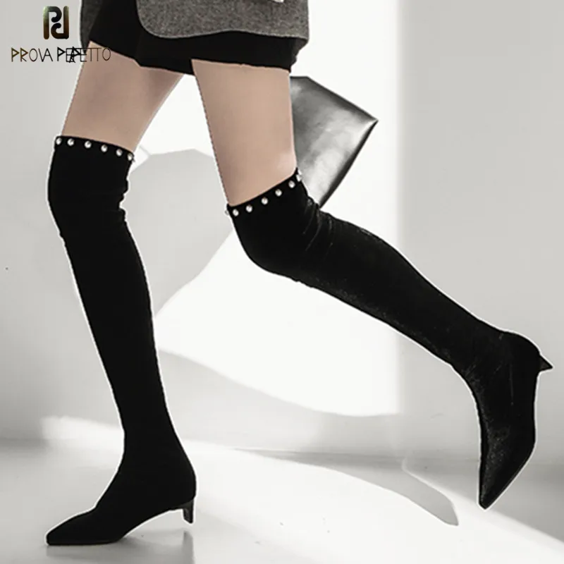 

Prova Perfetto 2018 Designer Women Over The Knee Sock Boots Strange Low Heels Pointed Toe Stretch Long Boots Autumn Winter Boots