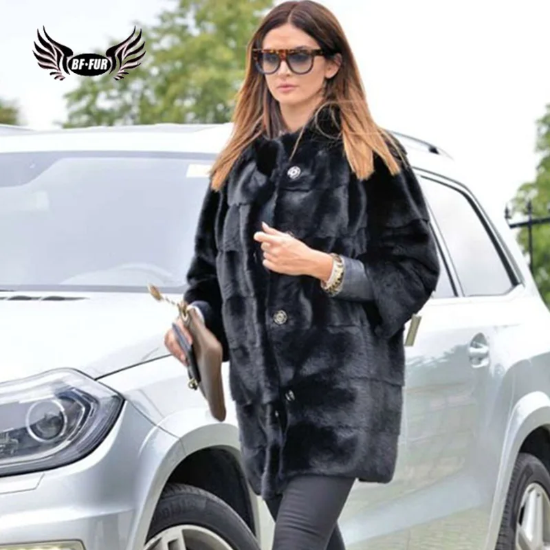 

BFFUR Mink Fur Coat With O-neck Jacket Medium Design With Covered Buttton New Fashion Arrival Women's Genuine Outerwear Black