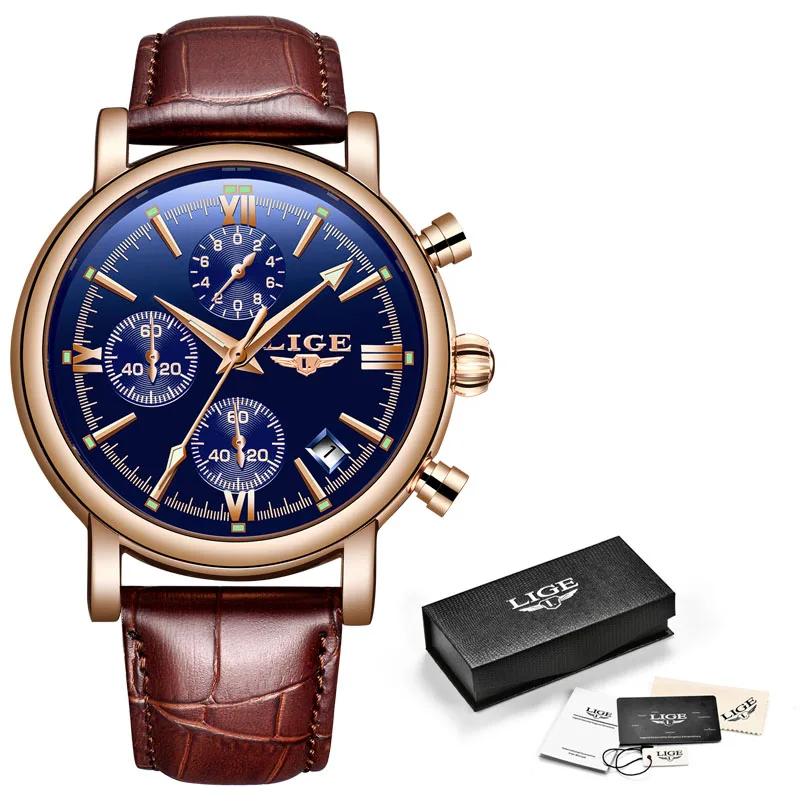 Relogio Masculino LIGE часы мужские модные повседневные водонепроницаемые кварцевые часы мужские s часы лучший бренд класса люкс Спортивный Хронограф+ коробка - Цвет: gold blue