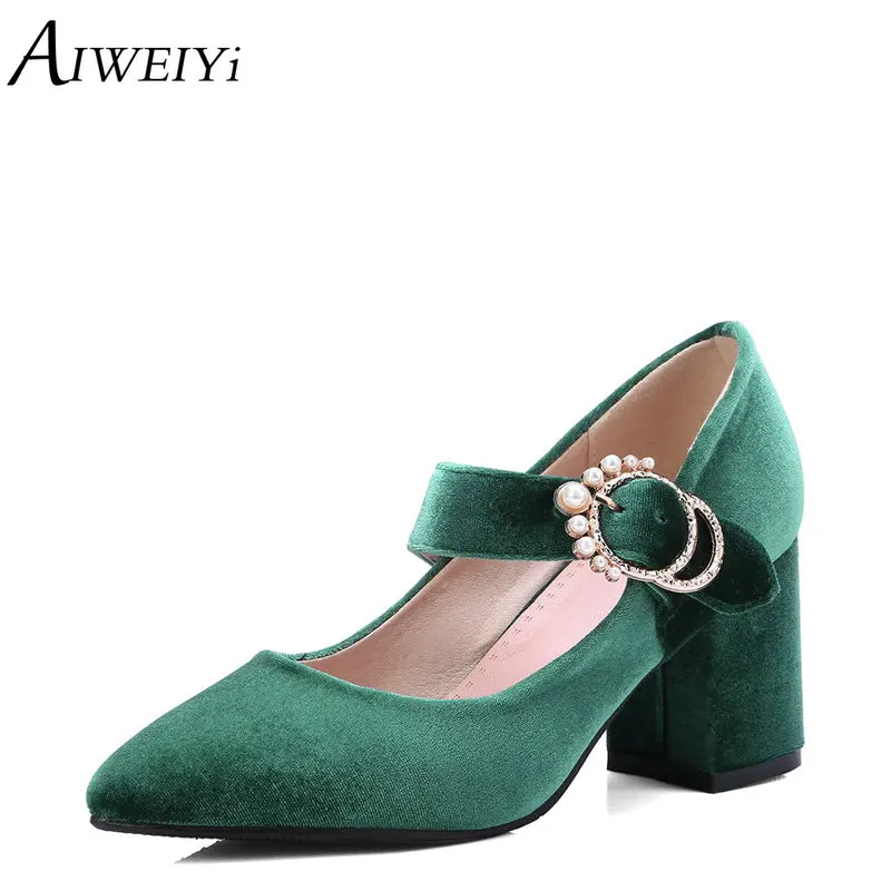 

AIWEIYi Closed Toe Black Shoes Women Flock Skin High Heels Ankle Strap Prom Court Shoes Green Ladies Wedding Shoes