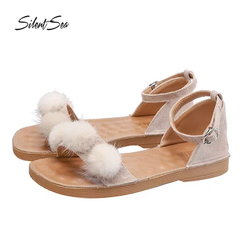 

Silentsea Fun Fur Women Sandals Flats Summer Womans Shoes Adult Casual Comfortable Big Size Sandals Buckle Flat Sandals Footwear