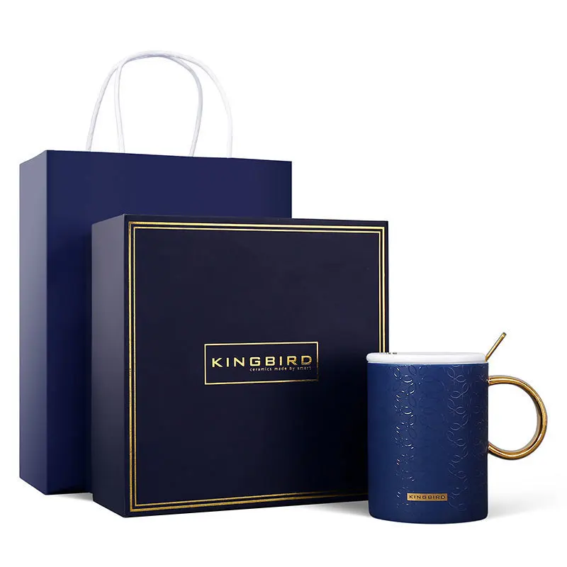 450 мл тиснение золотая ручка с крышкой ложка кружка Изысканная Подарочная коробка набор сумка керамическая кофейная Подарочная кружка чайная чашка Caneca - Цвет: Blue