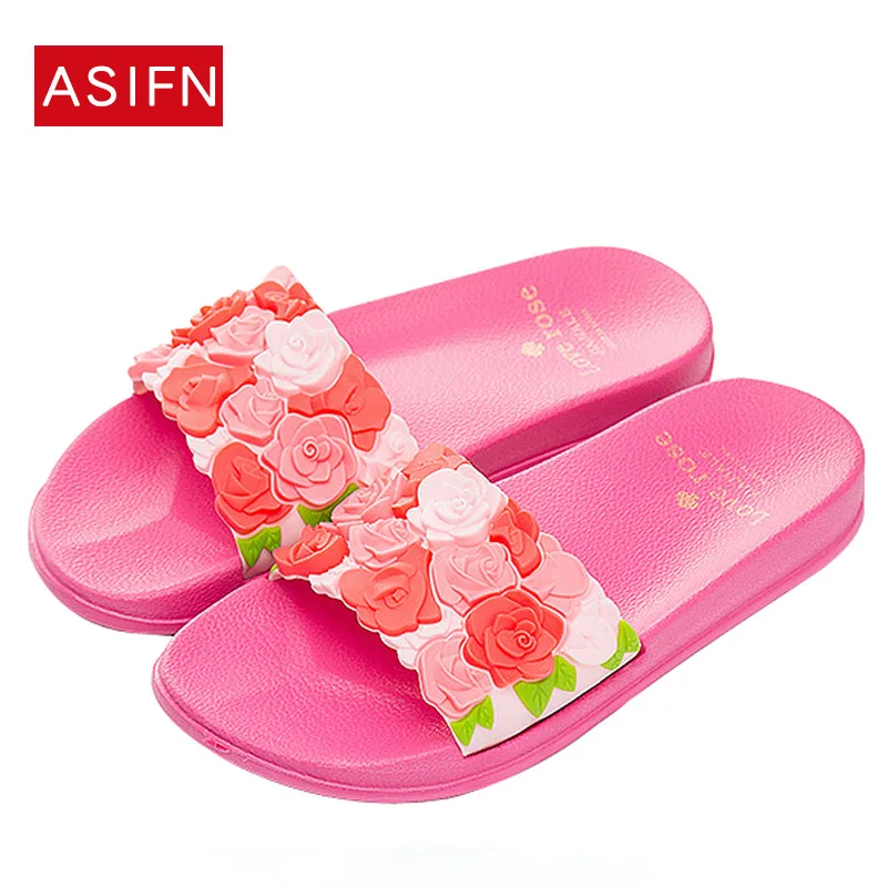 

Fashion 2018 Women Slippers Summer Slides Rose Lovely Flowers Home Slippers Slip on Platform Sandals Women Shoes Flip Flops