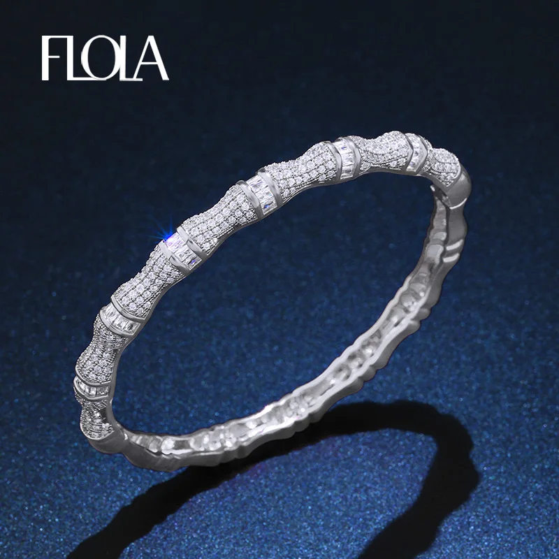 

FLOLA Luxury Silver Bamboo Bangle & Bracelet Woman Cubic Zirconia Skull Bone Cuff Bangles man Monster Bracelet Jewelry brtb01