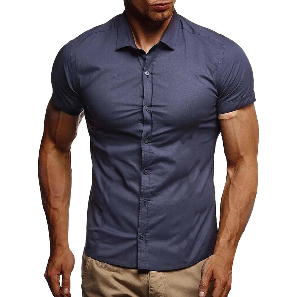 Men Shirt Slim Fit Shirt Short Sleeve Men Fashions camisa masculina Solid Pure Color Shirts Korean Style Shirt Man camisas - Цвет: Navy