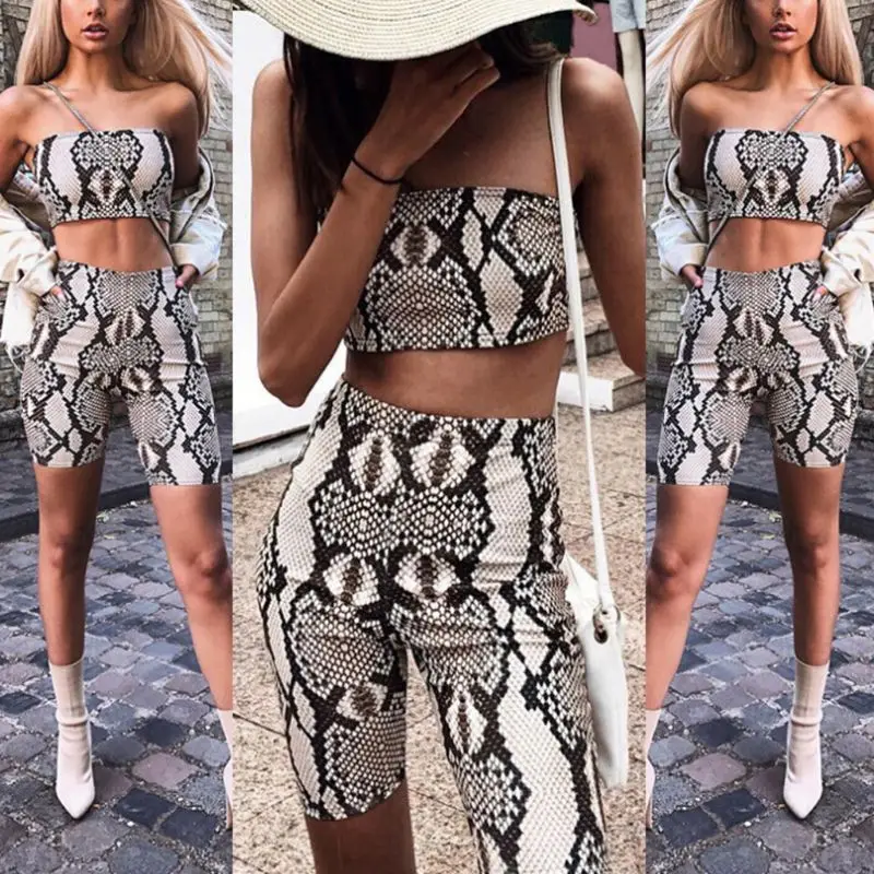 

Women's Set 2 Pieces Outfits Snakeskin Digital Print Strapless Bandeau Tube Top High Waist Biker Shorts Fitness Sport Tracksuit