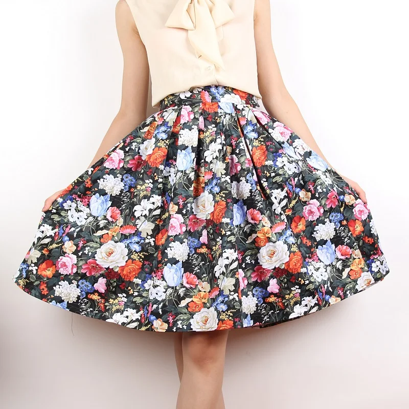 

European Vintage Style 50s Pinup Retro Flower Bouquet Floral Print High Waist Skirt Dark Blue Rockabilly Swing Saia Cintura Alta