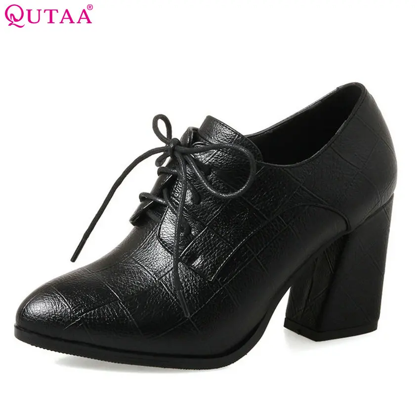 

QUTAA 2018 Women Pumps Genuine Leather + Pu Fashion Slip on Pointed Toe Square Toe Spring/ Autumn Women Pumps Szie 34-39