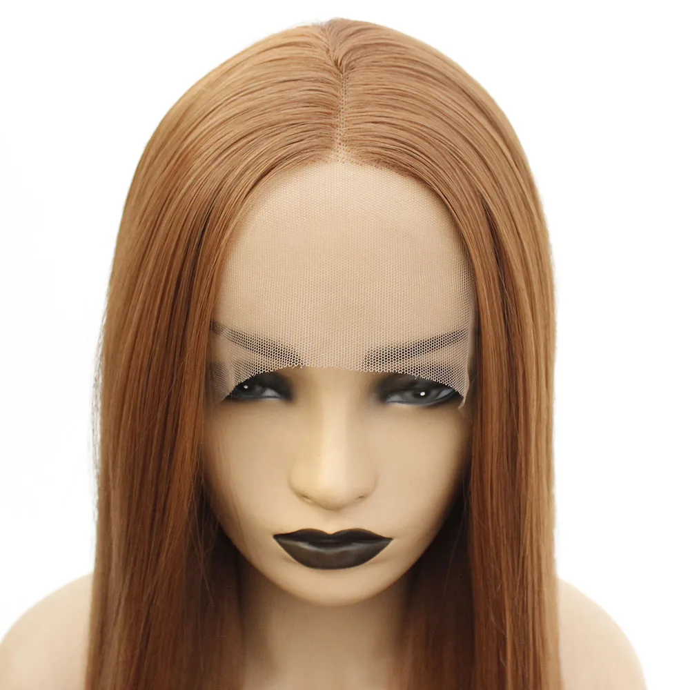 V'nice длинные прямые Glueless синтетические кружева спереди темно-рыжий парик средний пробор термостойкие Замена парики для женщин